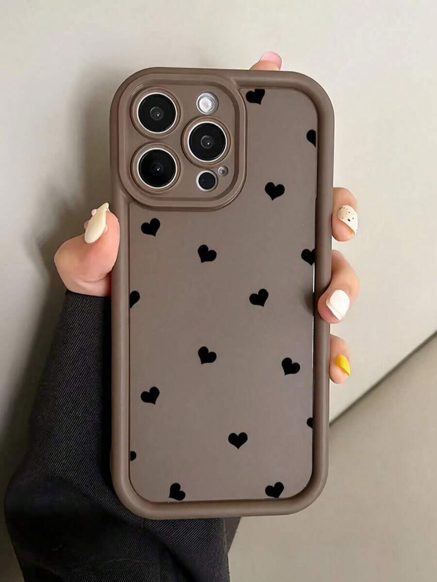 1pc Cute Black Heart Fashion Minimalist Anti-Slip Anti-Fall Shockproof Durable Lightweight Phone Case Black And Brown Heart Phone Case Cute. Compatible With IPhone17/17Pro/17ProMax/16/16Pro/16ProMax/15/14/13/12/11 Models Spring Gift Birthday Party - Brown - View 1