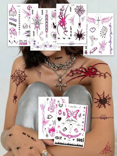6张大尺寸人体彩绘临时纹身贴纸，男女通用，朋克Y2K未来主义风格，图案包括蝴蝶翅膀、心形、闪电、链条、蜘蛛、火焰和“天使”。防水假纹身，可持续2-5天，可贴于手指、手掌、手臂、颈部、胸部、腰部、腿部和脚踝。非常适合派对、送礼、音乐节、摇滚音乐会和旅行。