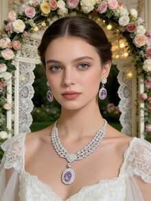 Bộ trang sức 2 món đính đá thạch anh tím mộng mơ, thiết kế đính đá màu bạc thanh lịch, phù hợp cho đám cưới/tiệc tùng. Bộ dây chuyền và bông tai đa năng. - Nhiều màu - Xem 4