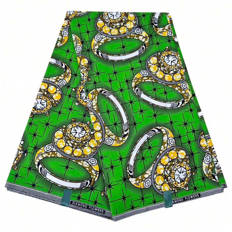 1 tấm vải batik hình học sáng tạo dài 6 yard, mang đậm phong cách Tây Phi, với nền màu xanh lá cây, kết hợp khéo léo các họa tiết hình nhẫn kim cương với các họa tiết hình học truyền thống. Họa tiết hình nhẫn lặp lại tượng trưng cho vẻ đẹp và sự trân trọng, trong khi họa tiết hình học hình ngôi sao tiếp tục ngôn ngữ cổ điển của batik châu Phi. - hình học - Xem 1