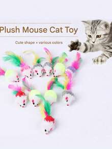 20pcs Plush Small Mouse Cat Toys, Colorful Feather Tail Fluffy Mice, Realistic Mouse Toys That Vibrate And Make Sounds To Attract Cats, Self-Playing Toys - View 1