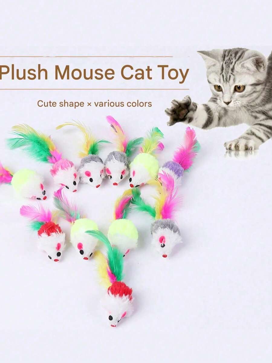 20pcs Plush Small Mouse Cat Toys, Colorful Feather Tail Fluffy Mice, Realistic Mouse Toys That Vibrate And Make Sounds To Attract Cats, Self-Playing Toys - View 1