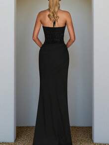 1pc Women's Solid Color Plunging Neck Backless Party Evening Dress, Sexy Bodycon Gown - Black - View 3