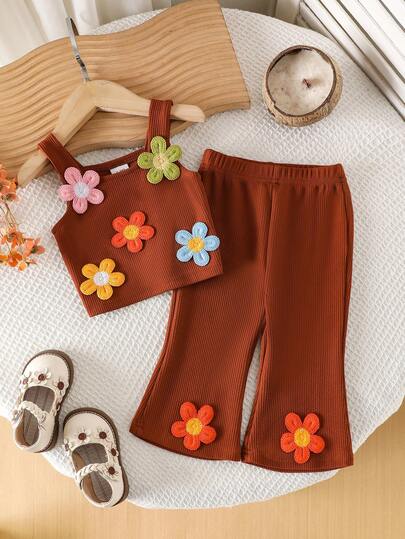 2pcs/Set Baby Girls Casual Dopamine Flower Decor Camisole Top And Flared Pants Set, Summer