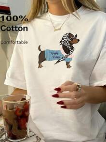 Sausage puppy，Ribbed Cotton Women's T-Shirt,College Style Spring Summer New Sports Women's,Draped Fashion Soft Breathable Women's Short Sleeve Top - 白色2 - 查看 1