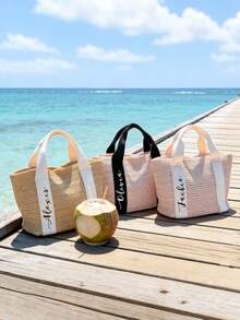 Túi tote đi biển bằng rơm cá nhân hóa - Túi xách dệt thủ công in tên theo yêu cầu, thích hợp làm quà tặng cho kỳ nghỉ hè, dã ngoại và phù dâu. - Nhiều màu - Xem 5