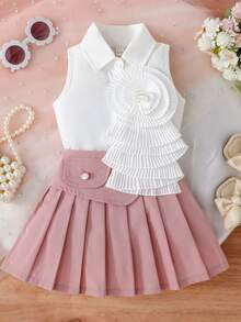 2pcs/Set Baby Girls' Floral Sleeveless Mandarin Collar Top And Pleated Pocket Skirt Casual Outfit, Spring/Summer - Pink - View 1