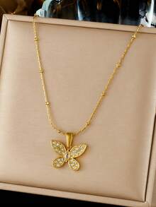 1件时尚简约镶钻镀金蝴蝶吊坠不锈钢项链，适合日常佩戴，百搭女士锁骨链 - 金色 - 查看 1