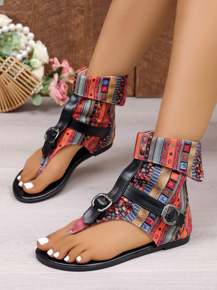 Bohemian Style Color Block Flip Flop Sandals, Retro Buckle High-Top Sandals - Red - View 1