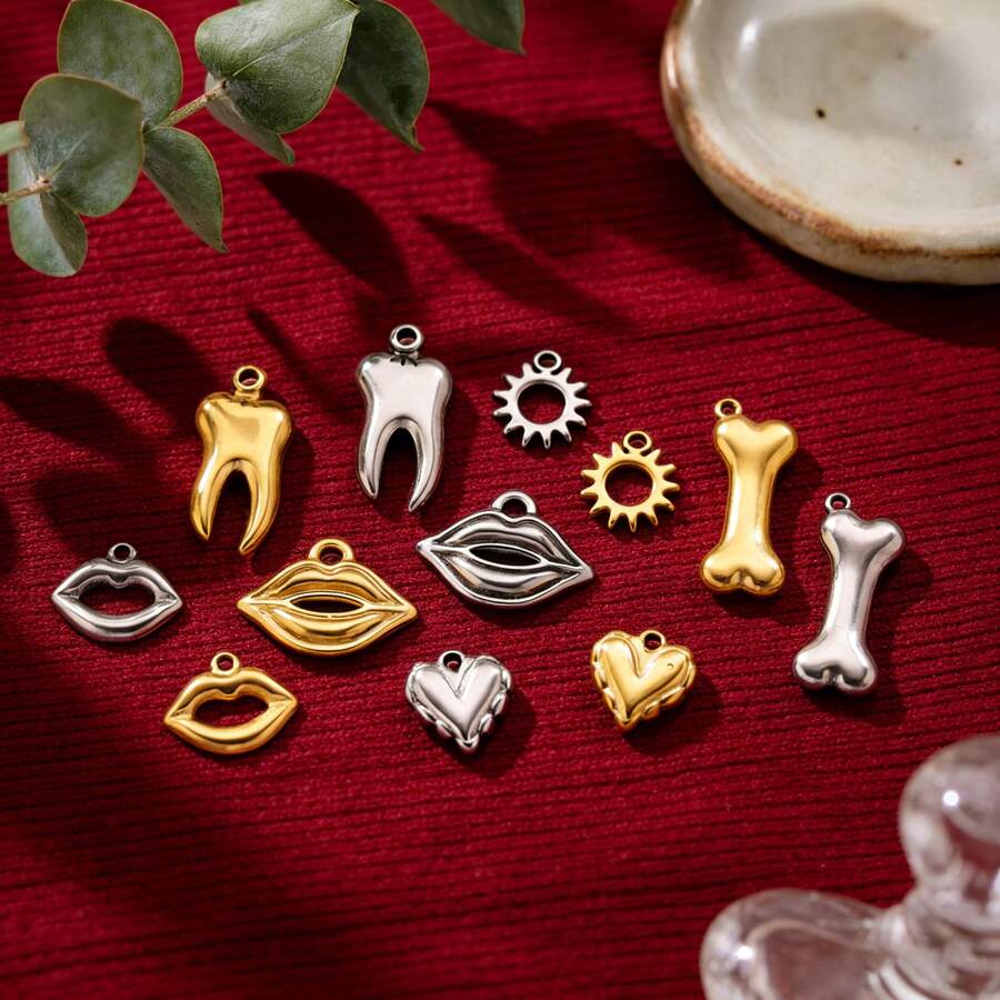 10Pcs 304 Stainless Steel Quirky Charms, 18K Gold & Silver Plated Tooth/Lip/Bone/Heart/Sun Pendants For DIY Necklace Earrings Jewelry Making, Hypoallergenic Tarnish Resistant - Pendants - View 1