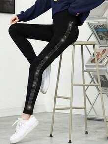 1 pieza Pantalones de punto ajustados y cortos con adorno de strass en el lateral brillante para mujer - Negro - Ver 3