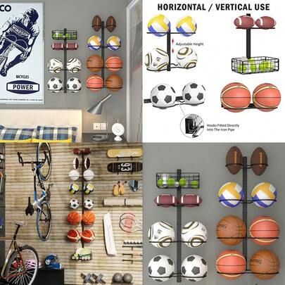 Best Sell-8 Tier Detachable Wall Mounted Basketball RackVertical/Horizontal Football Holder Holds 14 Balls DIY1/2/3/4 Soccer Stand Height-Adjustable Ball Rack With Basket For Garage Tool Room