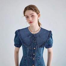 1 chiếc khăn choàng cổ bèo nhún bằng vải denim dành cho nữ, phụ kiện thời trang cá tính. - Xanh đậm - Xem 2