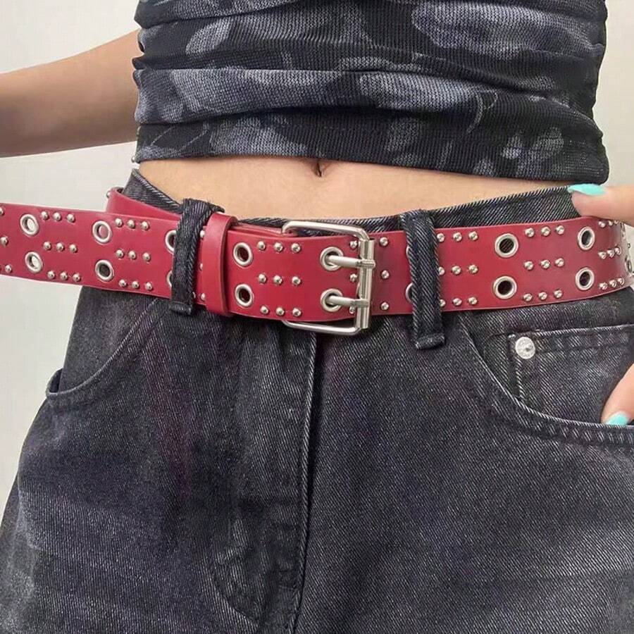 1件美式時尚休閒鉚釘極簡百搭女款PU皮革腰帶