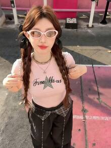 极简星形字母印花修身短袖T恤，女士款，收腰露脐上衣，粉色休闲夏季款 - 粉色 - 查看 4