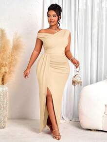 BIUBIU 大码女士优雅性感修身长裙 - 米色不对称领口褶皱高开衩设计，适合婚礼宾客、派对、宴会等夏季场合 - 杏色 - 查看 6