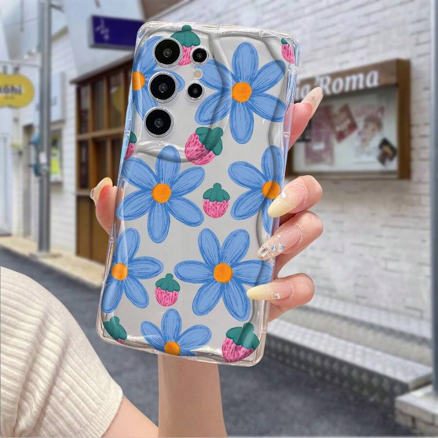 Novelty 1pc Transparent Asymmetrical Cream Protective Phone Case, Minimalist Doodle Strawberry Flower Pattern, Ideal For Daily Use For Men And Women, Compatible With IPhone 17 Pro/17 Pro Max/17 Air/17/16e/16/15/14/13/12/11, Galaxy S23/S24/S25/S26, A57/A37/A17/A07, Series - Clear - View 1
