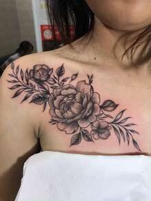 1 片逼真防水防汗花卉肩部临时纹身贴纸，复古持久防水纹身贴纸，高端美学设计，小众艺术风格假纹身，适合时尚达人。 - 黑色 - 查看 3