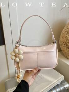 1pc Low Tea Solid Color PU Leather Shoulder Bag, Women's Retro Fashion Crescent Handbag, Top Handle Design, Zipper Closure, Detachable Adjustable Shoulder Strap, Suitable For Travel, Shopping, Dating, Women's Gift, Great For Commuting, Outdoor, Travel, Hiking (With Pendant) - Pink - View 2