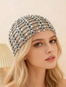 Gorro Tejido Calado Rojo con Malla y Lentejuelas Brillantes, Accesorio Fiesta Bohemio para Mujer Primavera-Verano, Complemento para Sesiones de Fotos - lago azul - Ver 5