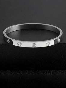 1pc 304 Stainless Steel 4-Leaf Clover Women's Bracelet, Mirror Polished Vacuum Electroplated, Fade-Resistant, Spring Clasp Lucky Four-Leaf Clover With Rhinestones, Fashion Classic Style, Daily Wear - Silver - View 2