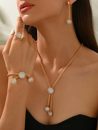 Bộ 5 món trang sức phong cách Bohemian đính đá lấp lánh, gồm dây chuyền, vòng tay, bông tai và nhẫn, trang sức thời trang thanh lịch sang trọng dành cho nữ, thích hợp để đeo hàng ngày, làm quà tặng, đi nghỉ mát, dự tiệc, tiệc chiêu đãi.