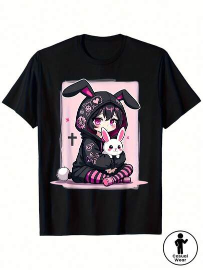 Una camiseta holgada, casual y cómoda para hombre, camiseta gótica de anime con diseño de conejita y estilo E-Girl hip-hop, con orejas góticas lindas y kawaii y diseños de rostro E-Girl, cómoda y casual, de manga corta y cuello redondo, adecuada para uso diario en todas las estaciones, un excelente regalo para cumpleaños y el Día de San Valentín.playeras de hombre,camisas de hombre,bts,spiderman,ropa de hombre,gym,sudaderas para hombres,ropa hombre,digital circus,maestra,regalo para hombre. UHBI