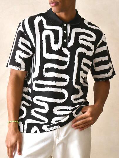 抽象涂鸦数码印花男士短袖Polo衫，夏季街头休闲三粒扣Polo衫，适合通勤和度假穿着