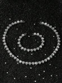 2 Stück/Set Hip Hop Stil komplett mit Strass besetztes herzförmiges verkettetes Halsketten- und Armband-Set - Liebe - Übersicht 7