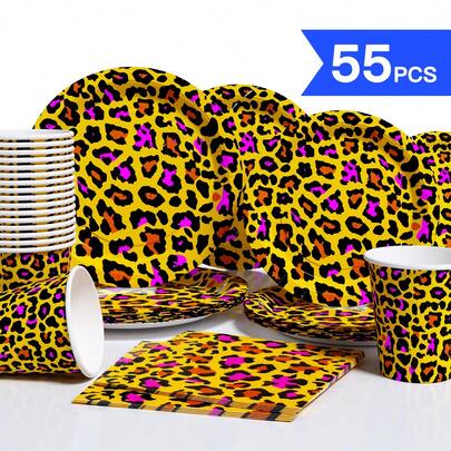 Bộ đĩa, khăn ăn và cốc dùng một lần in họa tiết da báo màu tím và cam, phục vụ 10 người, đồ dùng tiệc tùng bằng giấy dùng một lần, thích hợp cho sinh nhật, đám cưới, tiệc tùng, dã ngoại gia đình.