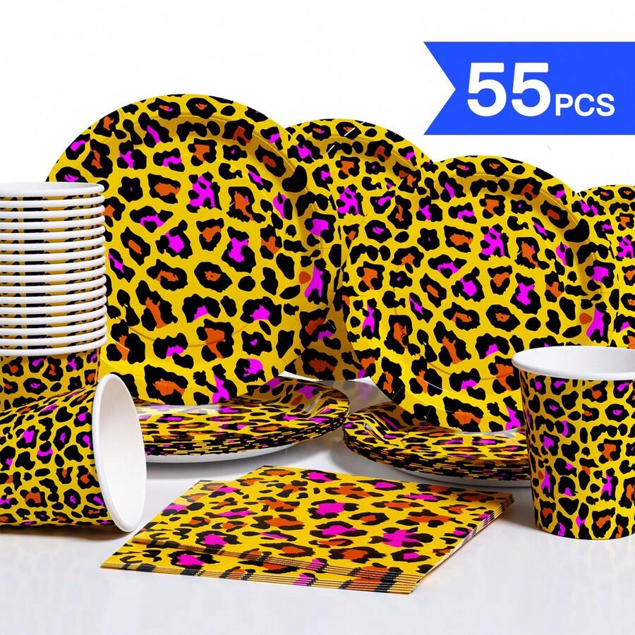 Bộ đĩa, khăn ăn và cốc dùng một lần in họa tiết da báo màu tím và cam, phục vụ 10 người, đồ dùng tiệc tùng bằng giấy dùng một lần, thích hợp cho sinh nhật, đám cưới, tiệc tùng, dã ngoại gia đình. - Xem 1