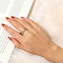 1pc Adjustable Bridal Party Ring, Gold/Silver Crossed Cubic Zirconia Double Row Rhinestone, Suitable For Wedding, Party, Casual Wear - Gold - View 2