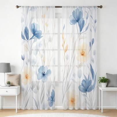 Cortinas transparentes con estampado floral en acuarela azul y amarillo moderno para la sala de estar - Cortina de 2 paneles, 52"W * 84"L, cortina transparente estampada para el dormitorio, cortina de red botánica