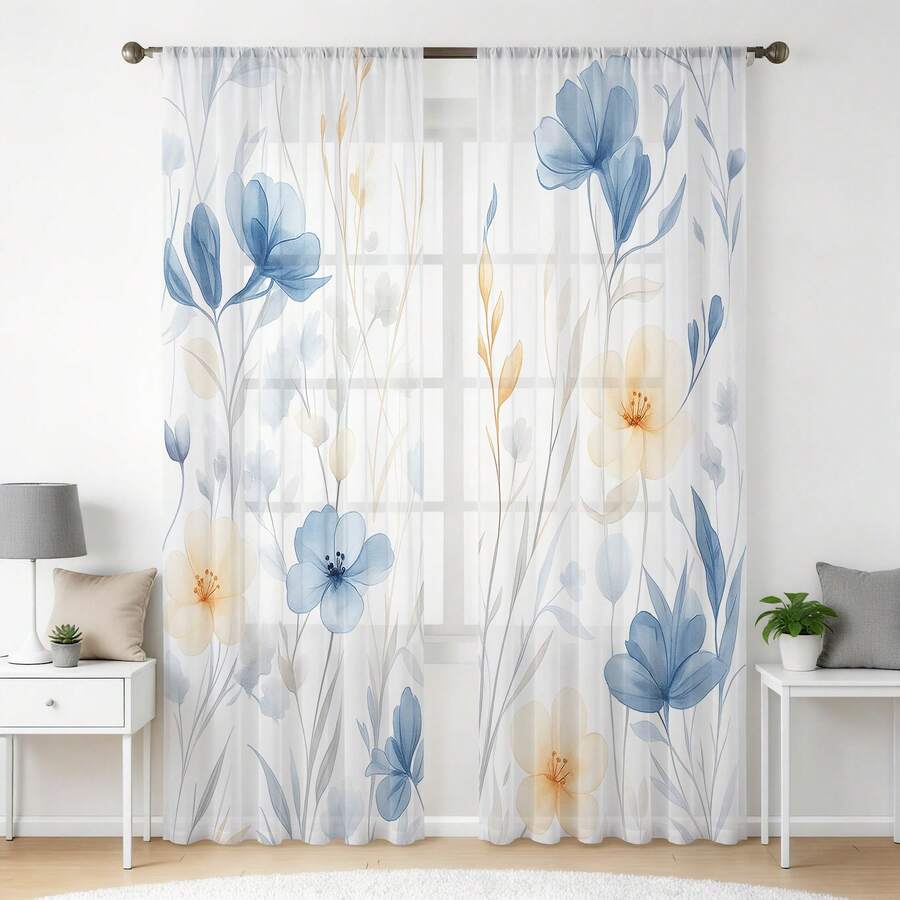 NOSBEI Bộ 2 rèm cửa voan họa tiết hoa màu nước hiện đại xanh dương và vàng, rộng 52 inch x dài 84 inch, thích hợp cho phòng khách, phòng ngủ, rèm cửa voan in họa tiết hoa. - Nhiều màu - Xem 1