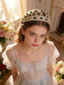 1pc European And American Bridal Bridesmaid Crown Headpiece, Alloy Crystal Tiara Hair Accessory For Evening Gown, Princess Style - Green - View 3