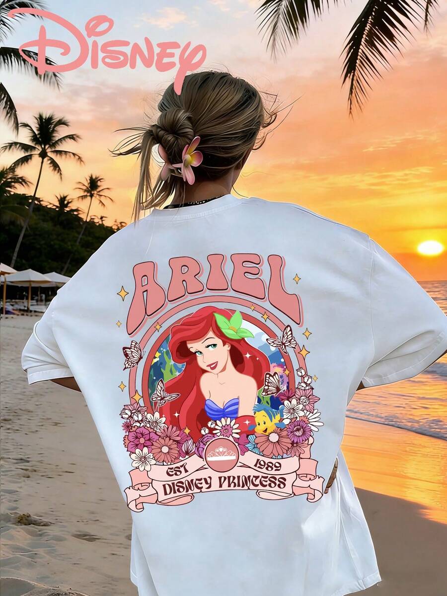 Disney Women's Casual Ariel Princess Short Sleeve Round Neck T-Shirt For Summer Streetwear - trắng - Xem 1