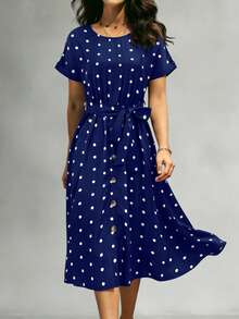 Women's Retro Polka Dot Short Sleeve Midi Dress, Round Neck Waist Tie + Button Front Design, Loose Flowy Casual Dress, Suitable For Daily, Vacation, Commute, Spring/Summer - Navy Blue - View 1