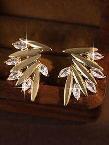 1 par de pendientes de botón con alas de ángel de circonita cúbica, pendientes con alas de hoja de oro, accesorio brillante y duradero adecuado para bodas, compromisos, fiestas y uso diario - Amarillo Oro - Ver 7
