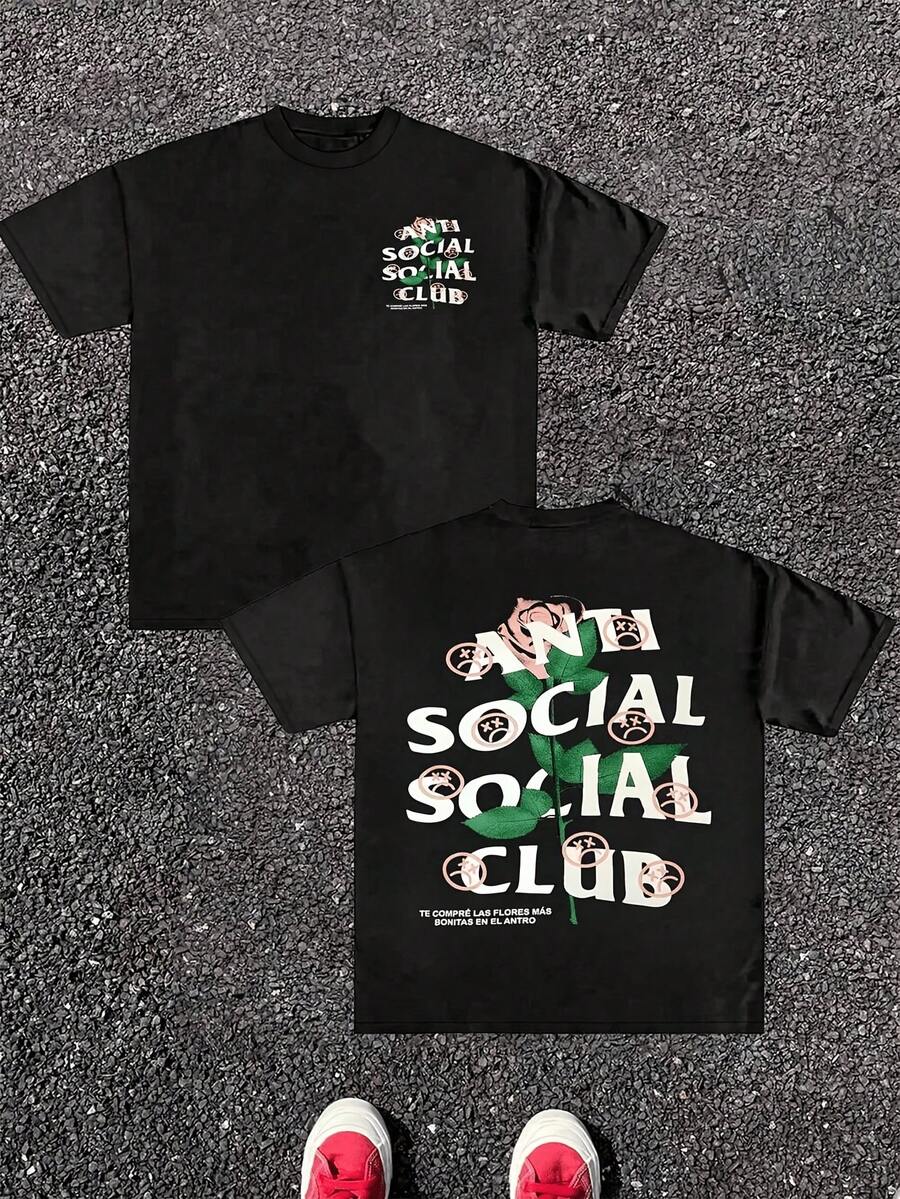 Men Plus Size Summer Casual Tee Round Neck Short Sve T-Shirt 1Pcs 100 Cott Double Sided Digital Printing With A Rose And Diressed Anti Social Club Text And Sad Face Ics For A Romantic Yet Rebellious Look 220g He - 黑色 - 查看 1