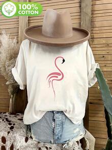 Áo thun nữ mùa xuân hè tối giản họa tiết chim hồng hạc màu hồng, áo tay ngắn bằng cotton mềm mại thoải mái, phong cách thời trang mùa hè nhiệt đới Boho. - trắng - Xem 1