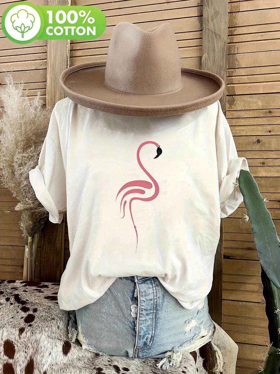 Áo thun nữ mùa xuân hè tối giản họa tiết chim hồng hạc màu hồng, áo tay ngắn bằng cotton mềm mại thoải mái, phong cách thời trang mùa hè nhiệt đới Boho. - trắng - Xem 1