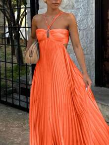 Fashionable  Halter Neck Dress, New Solid Color Strapless Pleated Sleeveless Camisole Dress - Orange - View 1