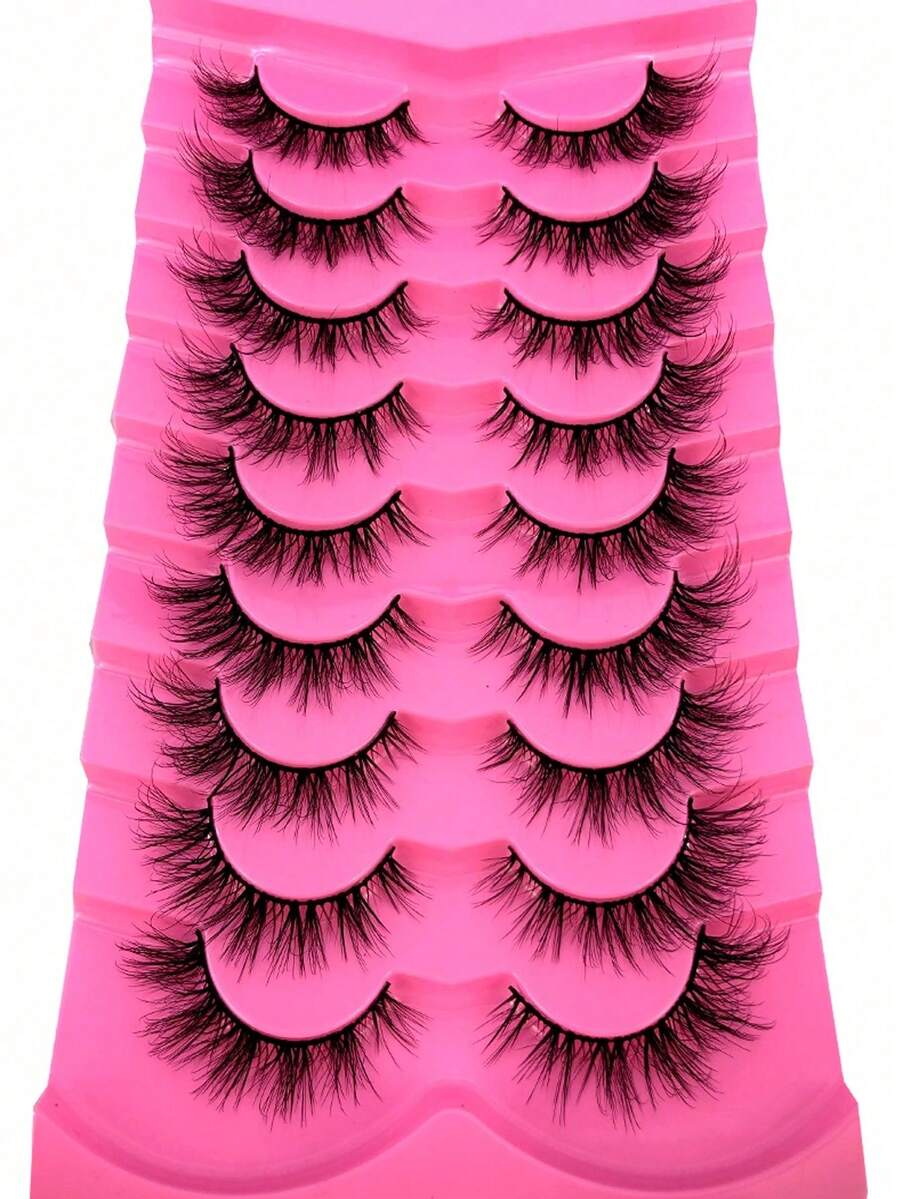 9对柔软蓬松的3D仿貂毛假睫毛，手工卷翘人造貂毛假睫毛，自然浓密睫毛，玫瑰红色睫毛嫁接 - 黑色 - 查看 1