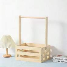 1pc Wooden Storage Basket, Storage Rack With Hanging Rod And Storage Basket, Multi-Functional Storage Rack For Clothes And Toys - Multicolor - View 7
