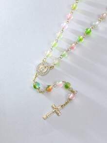 1PC Gradient Pink Green Beaded Rosary Chain - Boho Crystal Mary Christian Cross Necklace For Prayer Combine Well With Any Outfit Beach With Gift Box Set - Rosary - View 7
