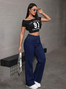 Jeans rectos de mezclilla azul oscuro efecto levantador de glúteos elásticos sueltos - Azul lavado oscuro - Ver 6