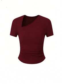 夏季新款简约时尚设计不对称肩部休闲短袖收腰T恤，百搭女式上衣 - 酒紅色 - 查看 3