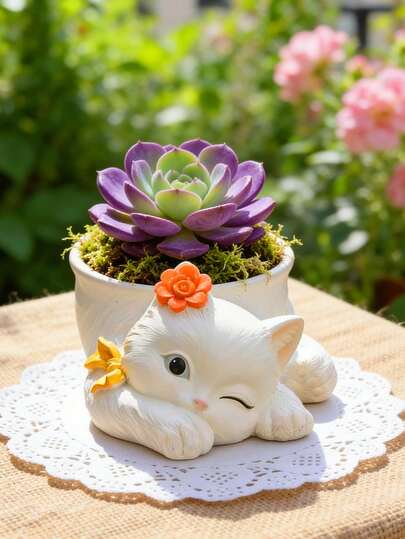 1 pieza Maceta de resina con forma de gato blanco guiñando el ojo, maceta con forma de animal creativa para suculentas, decoración de escritorio, balcón y hogar, figura de gato única como maceta para uso interior y exterior, macetas, maceta de flores, macetas, decoración de primavera, decoración del hogar, jarrón