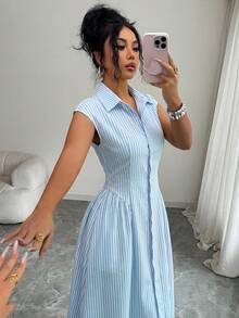 LUNNELUX Autumn Blue Pure Cotton Fine Striped Shirt Collar Short Sleeve Waist-Cinching Front Slit Long Dress, Elegant And Versatile, Suitable For Summer Back To School Season - Sky Blue - View 6
