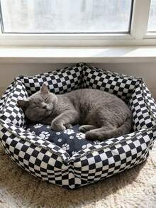 1pc Retro Checkerboard Pattern Pet Bed, With Paw Print Dog Bed, Comfortable Cat Sofa, Suitable For All Seasons - Multicolor - View 1